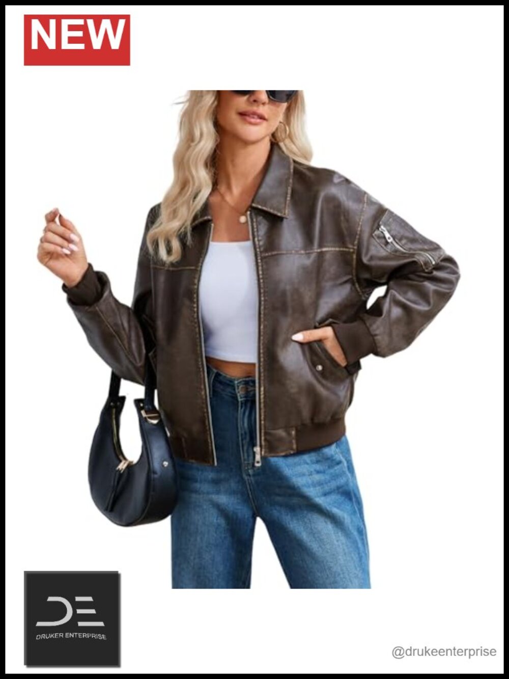 Oversized Faux Leather Bomber Jacket Zip Front Women's Coat